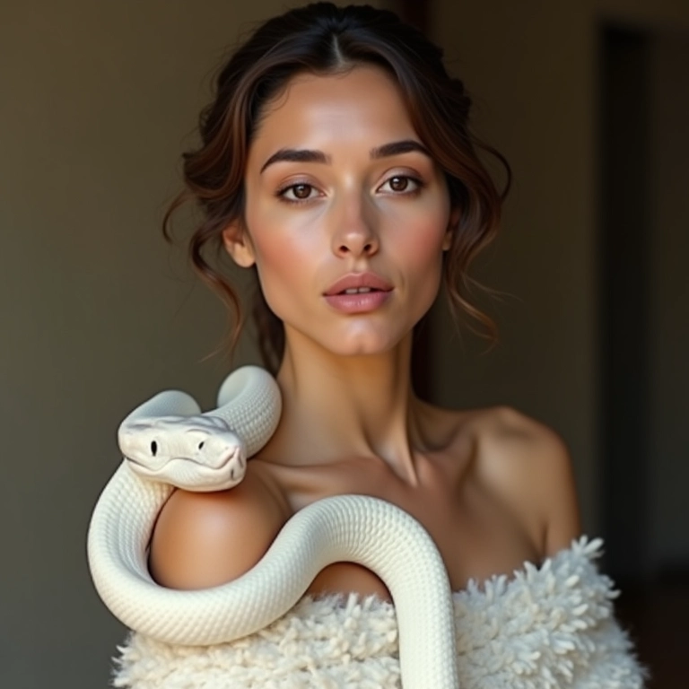 Mulher elegante com cobra branca sobre os ombros, expressão serena, luz natural.