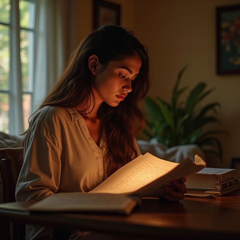 Mulher em apartamento aconchegante olhando carta, simbolizando necessidade de perdão.