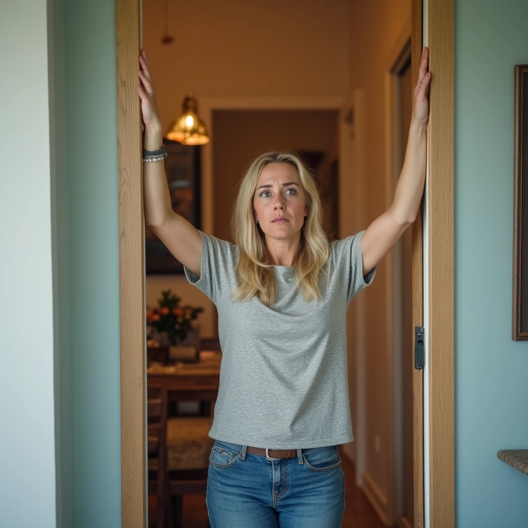 Mulher em frente a uma casa nova, com expressão mista de alegria e apreensão.