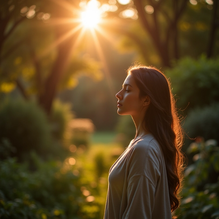 Mulher em jardim, luz representando irmã falecida.