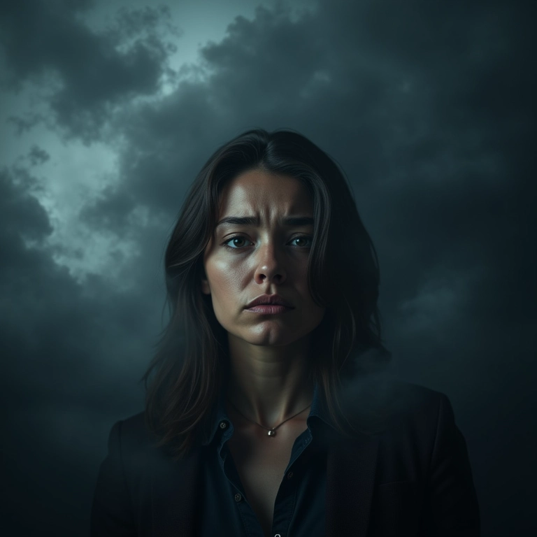 Mulher em meio a tempestade, simbolizando conflitos internos.