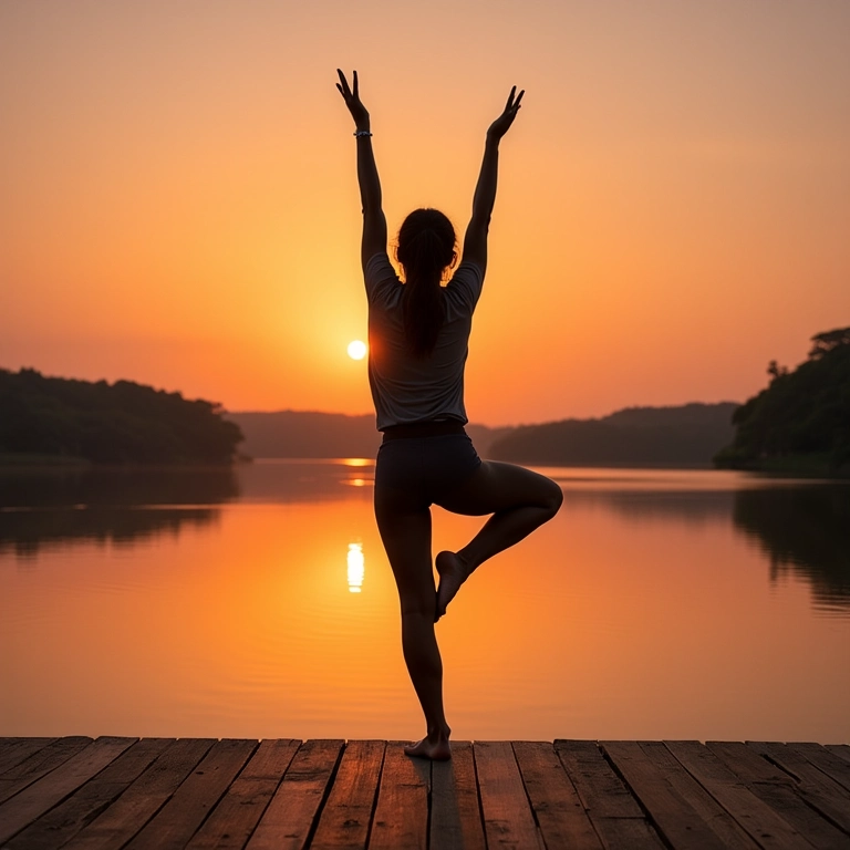 Mulher em postura da árvore, buscando equilíbrio emocional à beira de um lago.