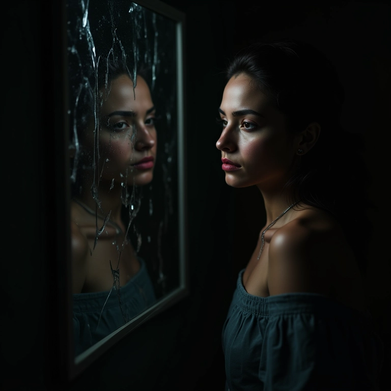 Mulher encarando reflexo distorcido em espelho quebrado, simbolizando autoanálise e transformação interior.