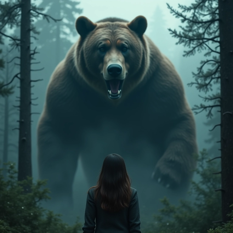 Mulher encarando urso furioso em floresta escura, representando medos e desafios.