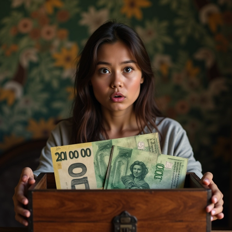 Mulher encontra pilha de dinheiro em baú antigo.