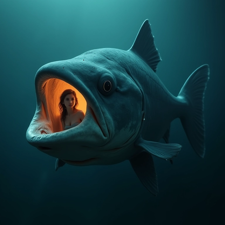 Mulher engolida por peixe gigante, explorando o interior