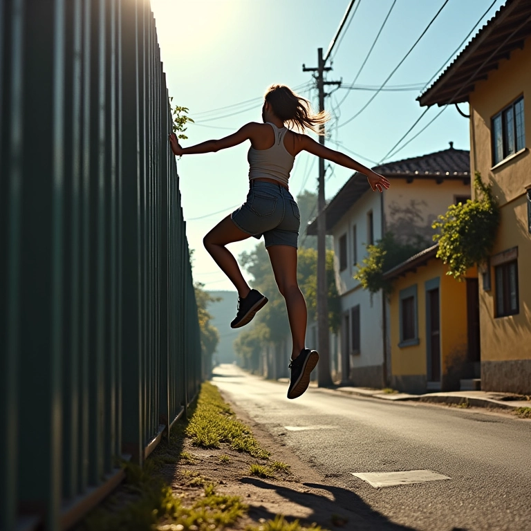 Mulher escapa de perseguidor escalando cerca alta.