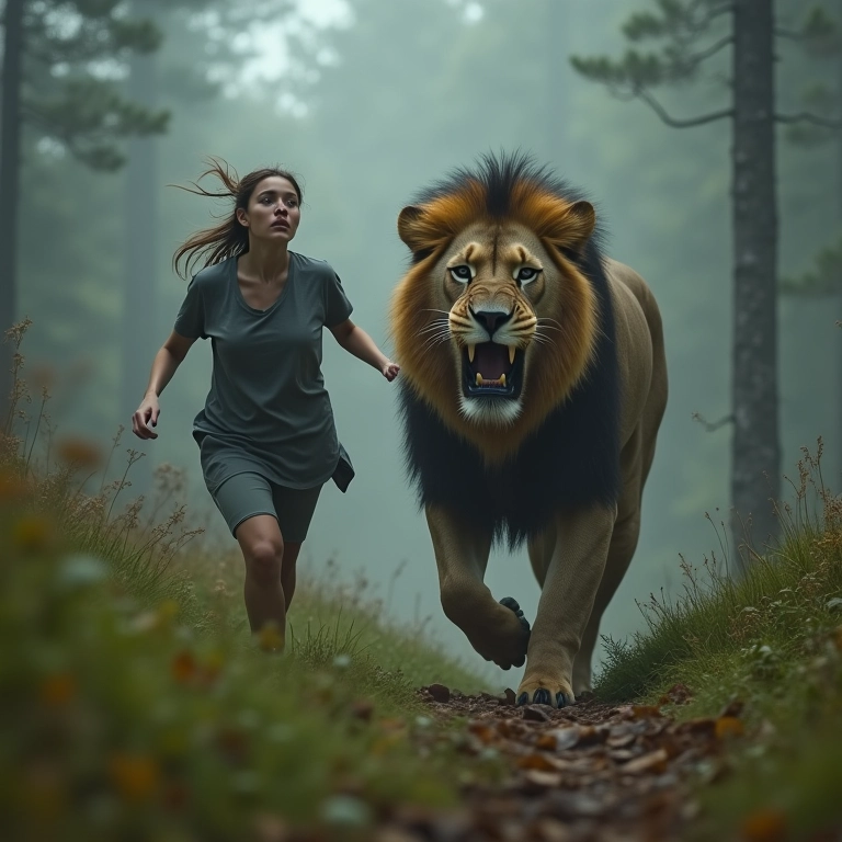Mulher escapando de leão em floresta nebulosa.