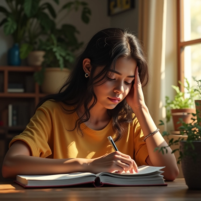 Mulher escrevendo em diário em sala ensolarada, aprendizados não resolvidos.
