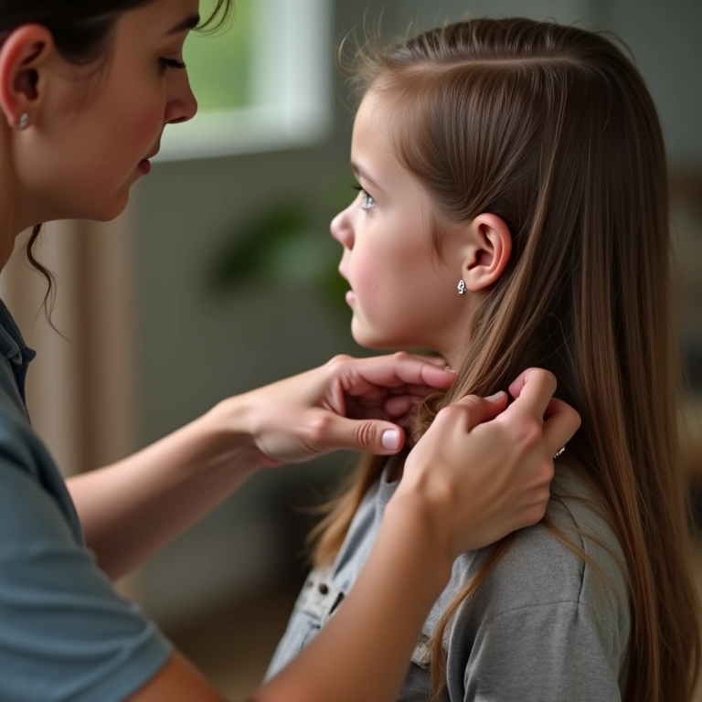 Mulher examinando o cabelo de outra pessoa em busca de piolhos.