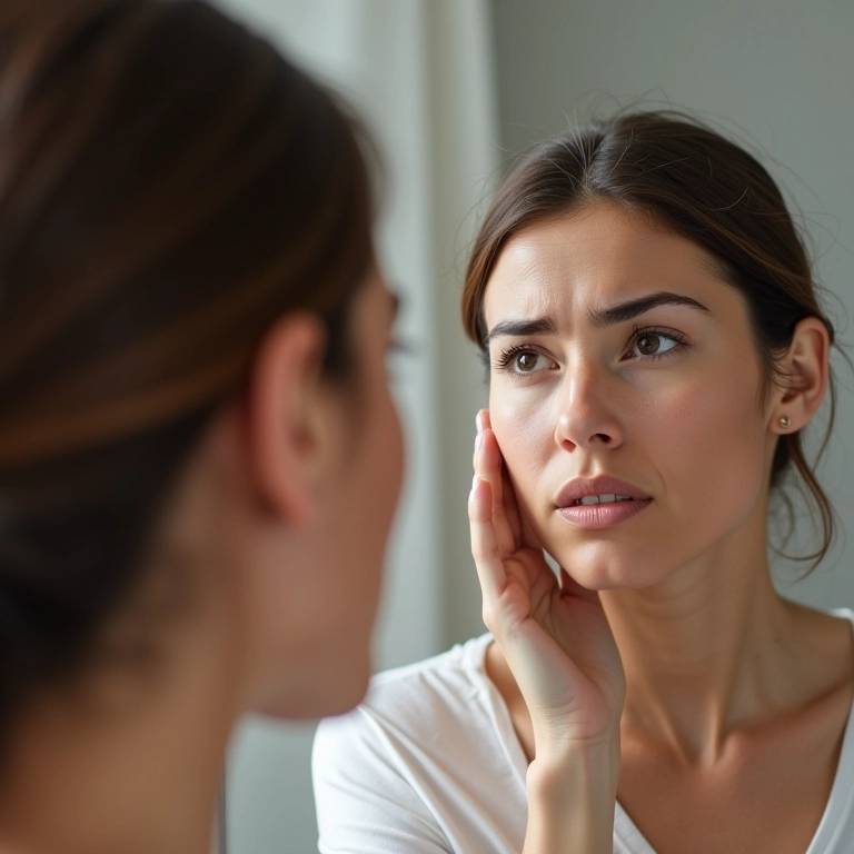 Mulher examinando sua linha capilar no espelho e percebendo a calvície.