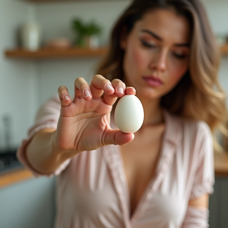 Mulher examinando um ovo cru em uma cozinha iluminada.