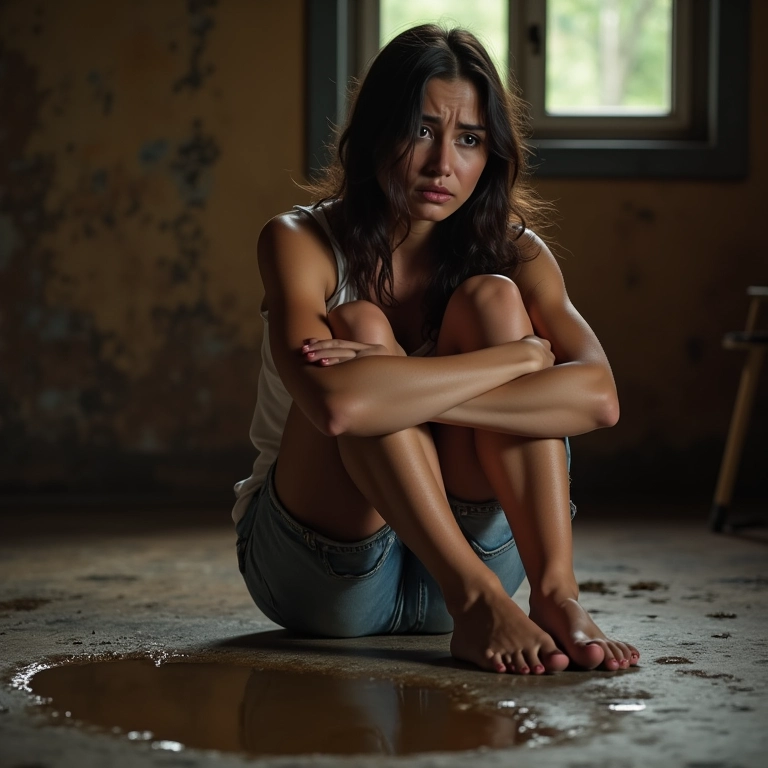 Mulher expressando vulnerabilidade ao lado de xixi no chão.