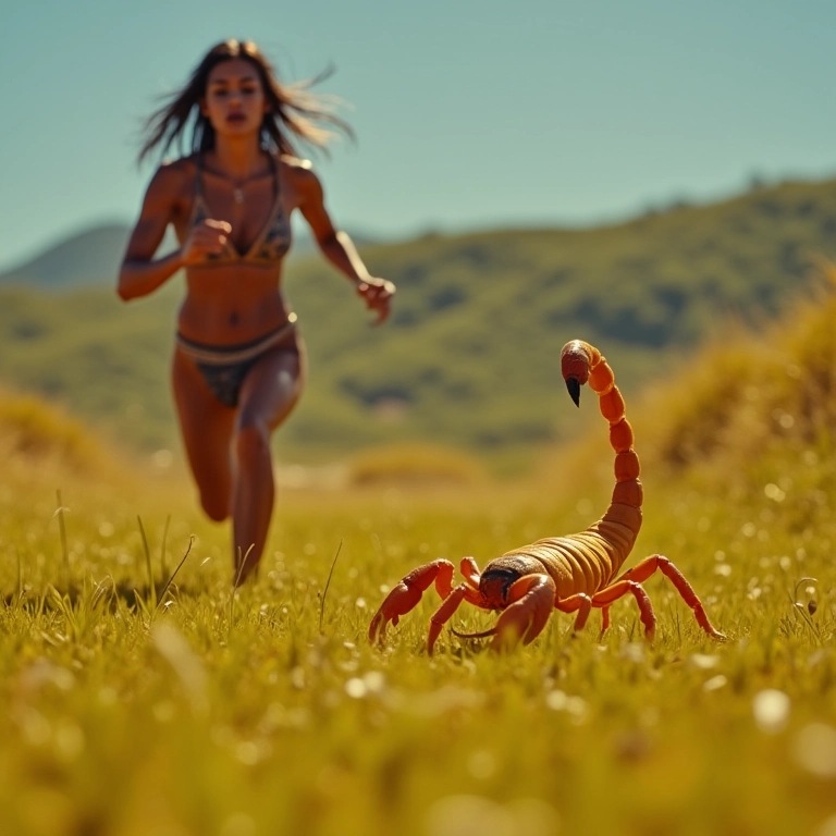 Mulher foge de escorpião amarelo em campo aberto