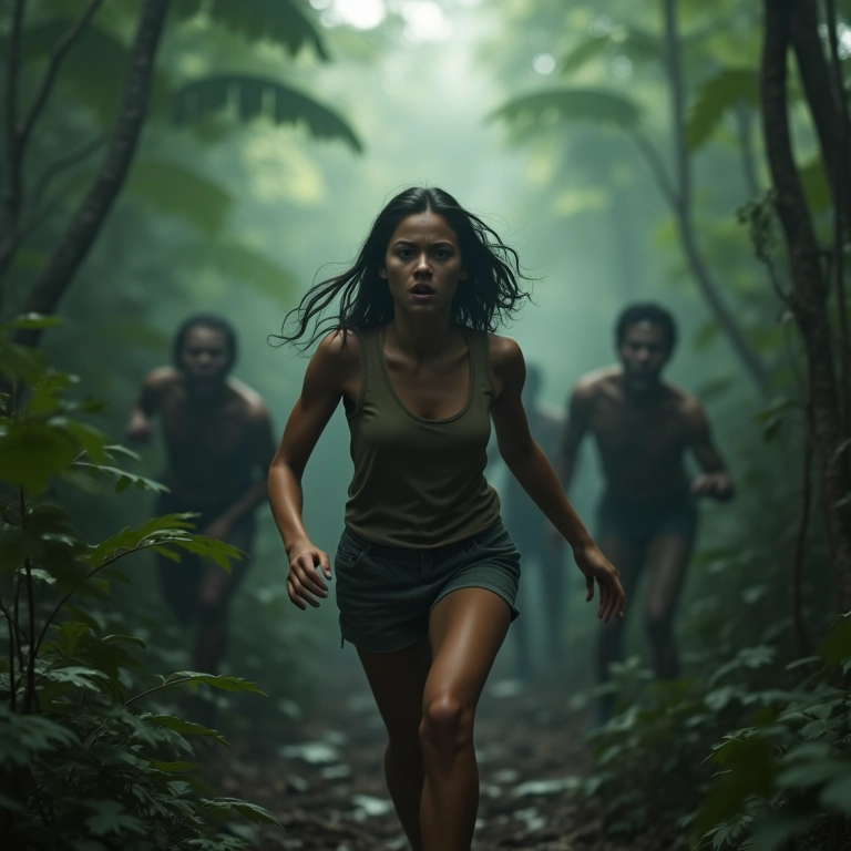 Mulher foge desesperada de zumbis em floresta densa, sonho de perseguição.