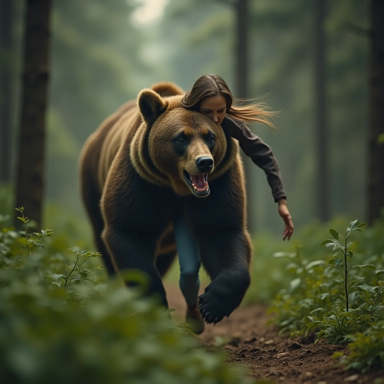 Mulher foge desesperadamente de um urso em uma floresta.