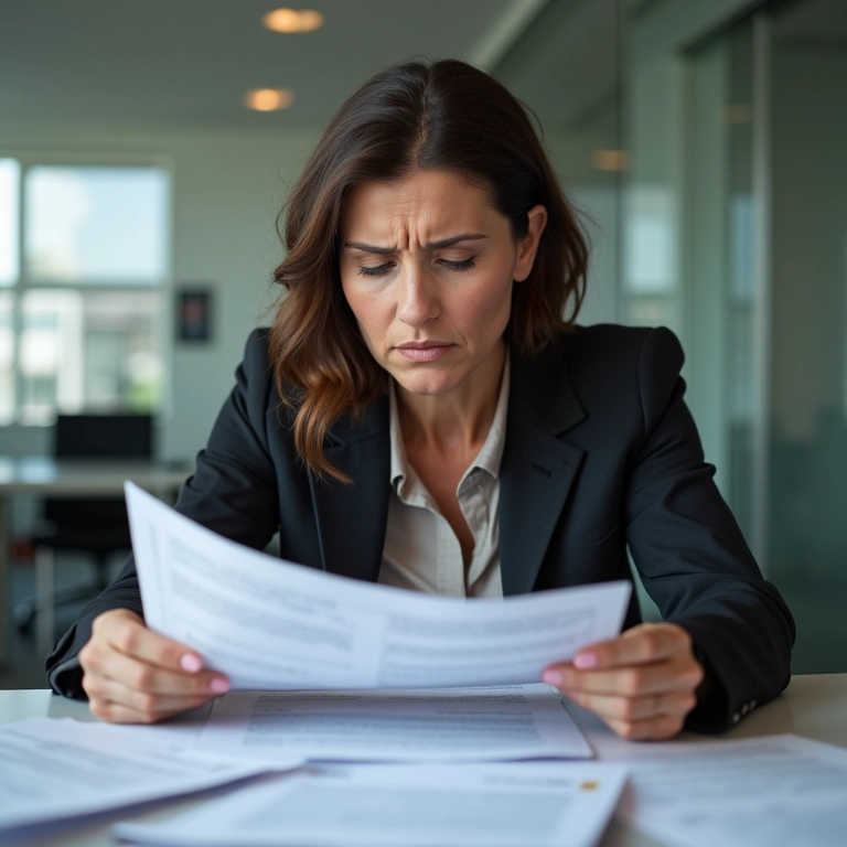 Mulher frustrada em ambiente profissional, simbolizando perda de poder e controle.