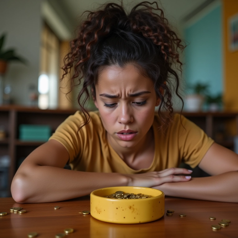 Mulher frustrada procurando moedas de ouro em uma caixa de joias vazia.