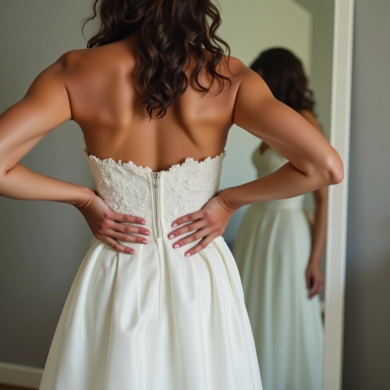 Mulher frustrada tentando vestir um vestido de noiva que não serve.