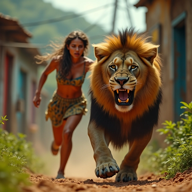 Mulher fugindo de leão bravo em favela.