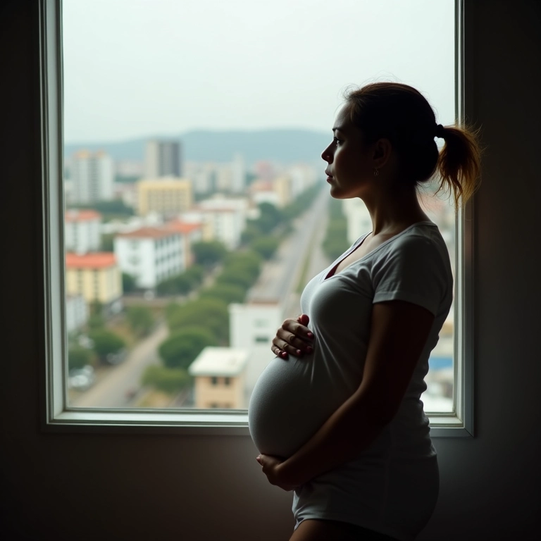 Mulher grávida olhando pela janela, paisagem urbana ao fundo.