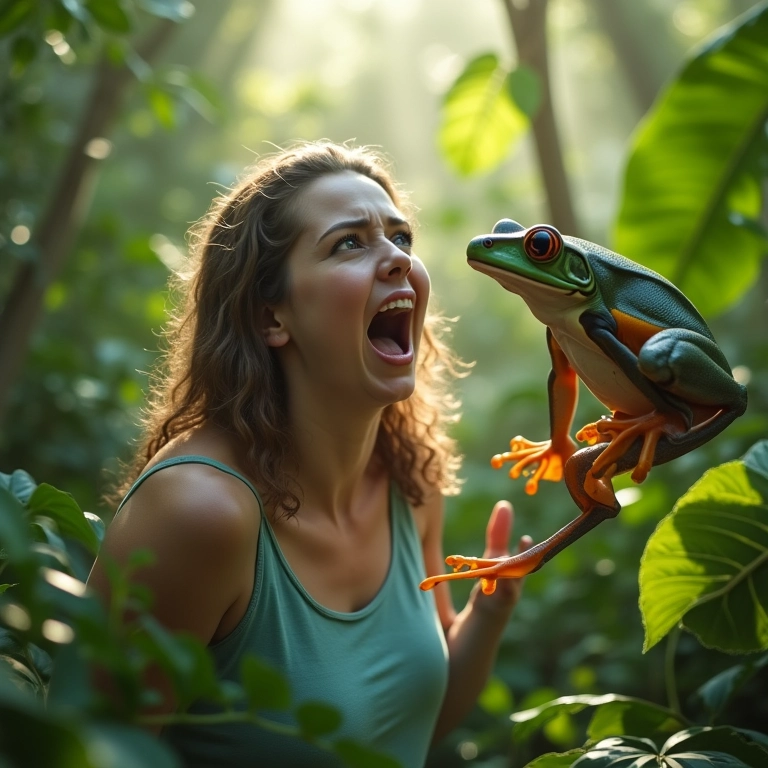 Mulher gritando com um sapo gigante pulando em sua direção, cena de pavor em um jardim brasileiro.