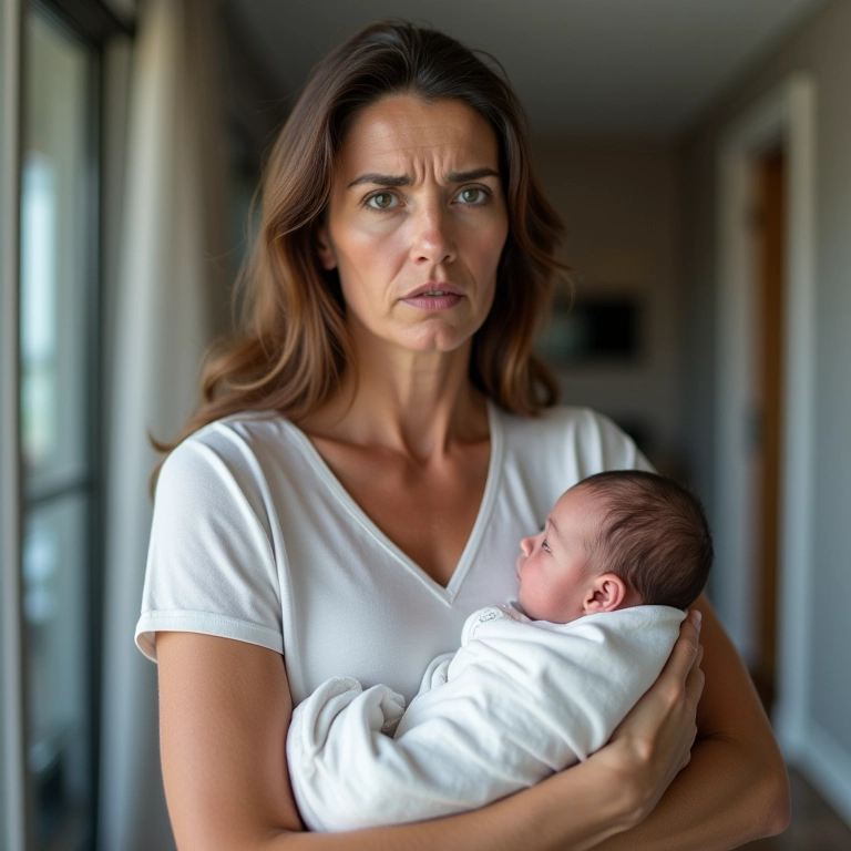 Mulher hesitante segurando bebê desconhecido em apartamento moderno.