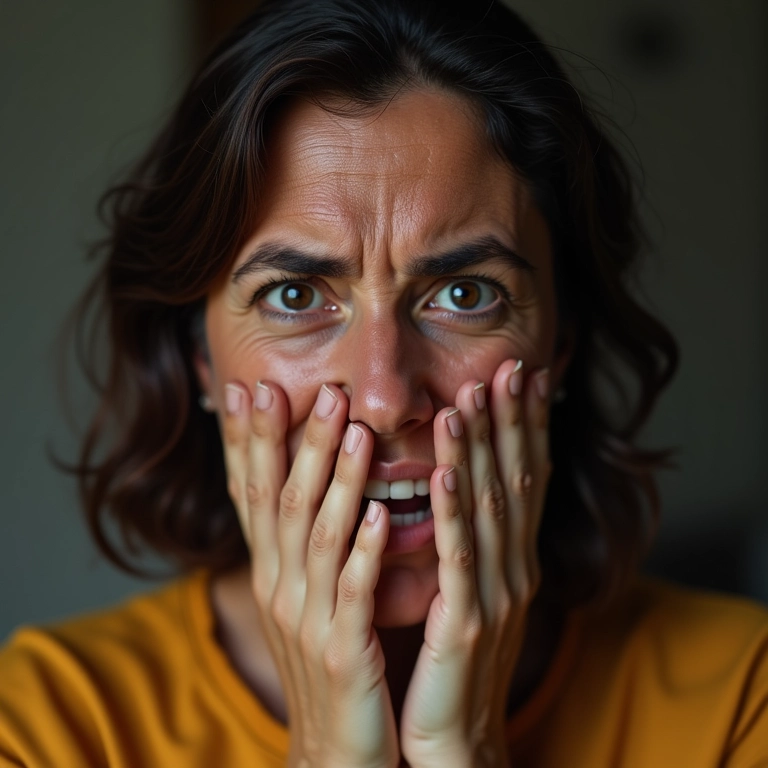 Mulher horrorizada com a sensação de todos os dentes quebrando, ilustrando o sonho.