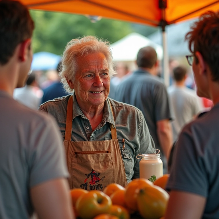 Mulher idosa sonhando que vende whey protein em uma feira de produtos orgânicos.