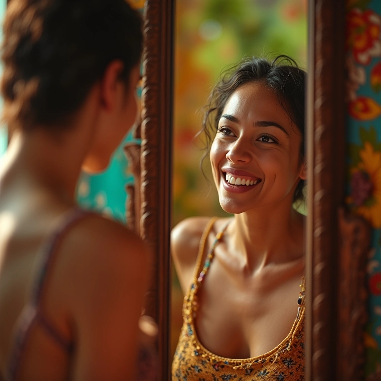 Mulher insegura se olhando no espelho, preocupada com seus dentes e sorriso.