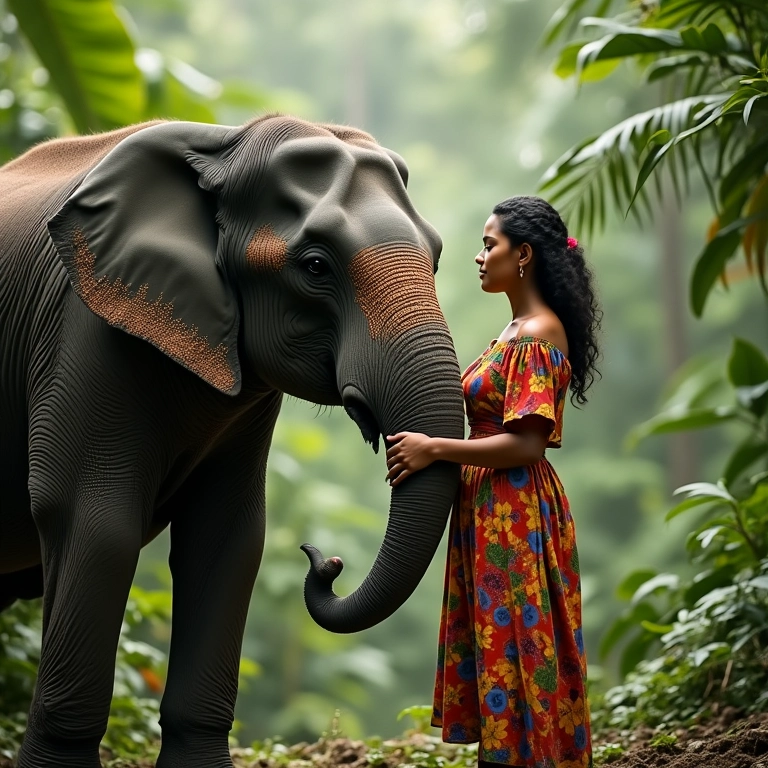 Mulher interagindo com elefante manso na natureza.
