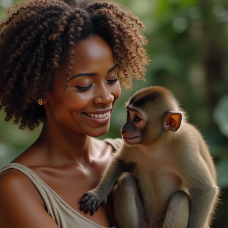 Mulher interagindo pacificamente com macaco manso.