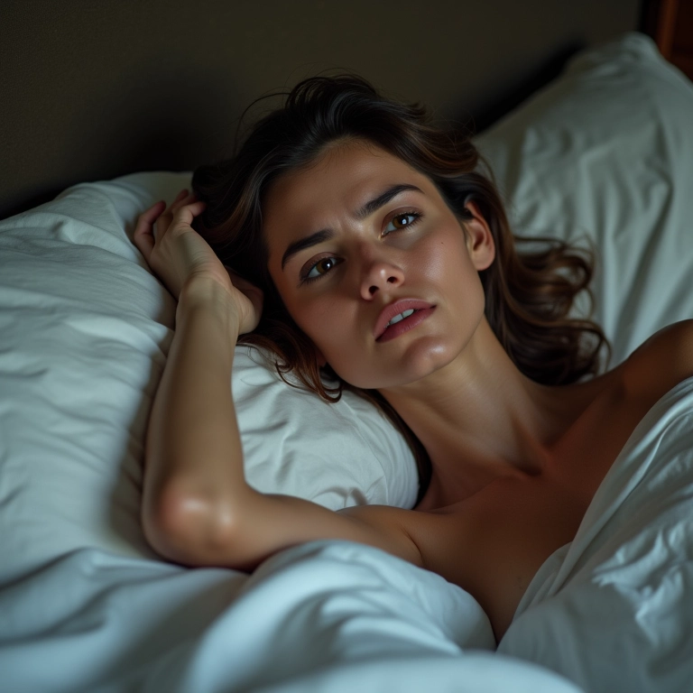 Mulher jovem deitada na cama com expressão de preocupação e umidade visível, representando o sonho de fazer xixi na cama.