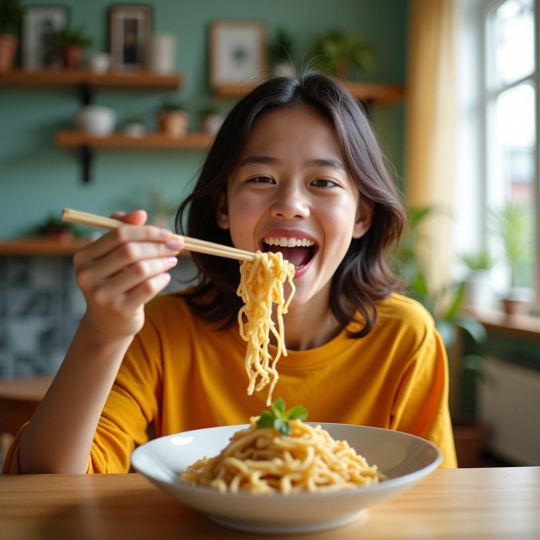 Mulher jovem e sorridente saboreando yakisoba em apartamento iluminado.