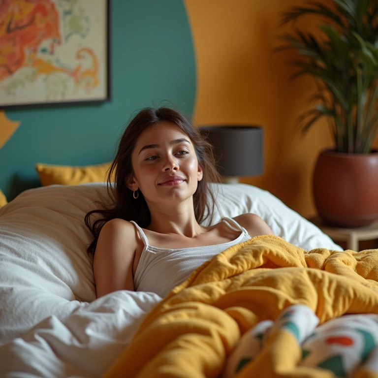 Mulher jovem sonhando que está urinando na cama.