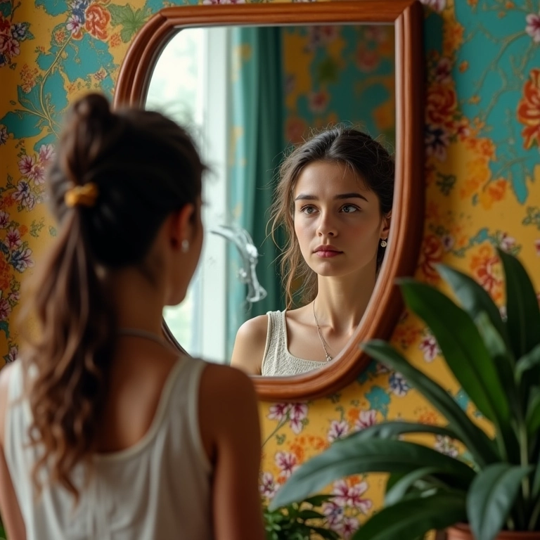 Mulher jovem vendo seu reflexo distorcido em um espelho quebrado, em um quarto vibrante e decorado.