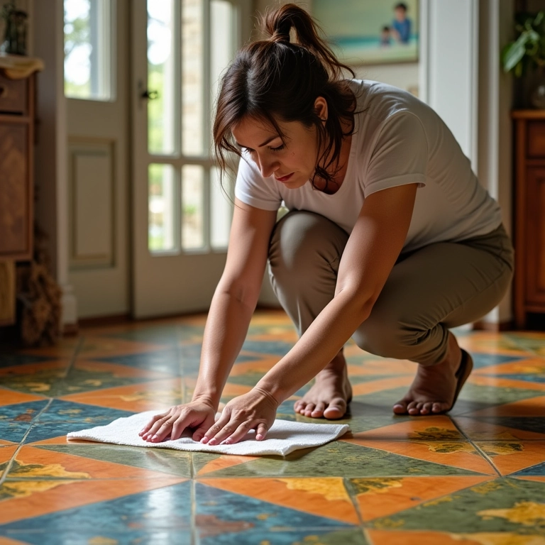 Mulher limpando xixi de cachorro no chão de casa.