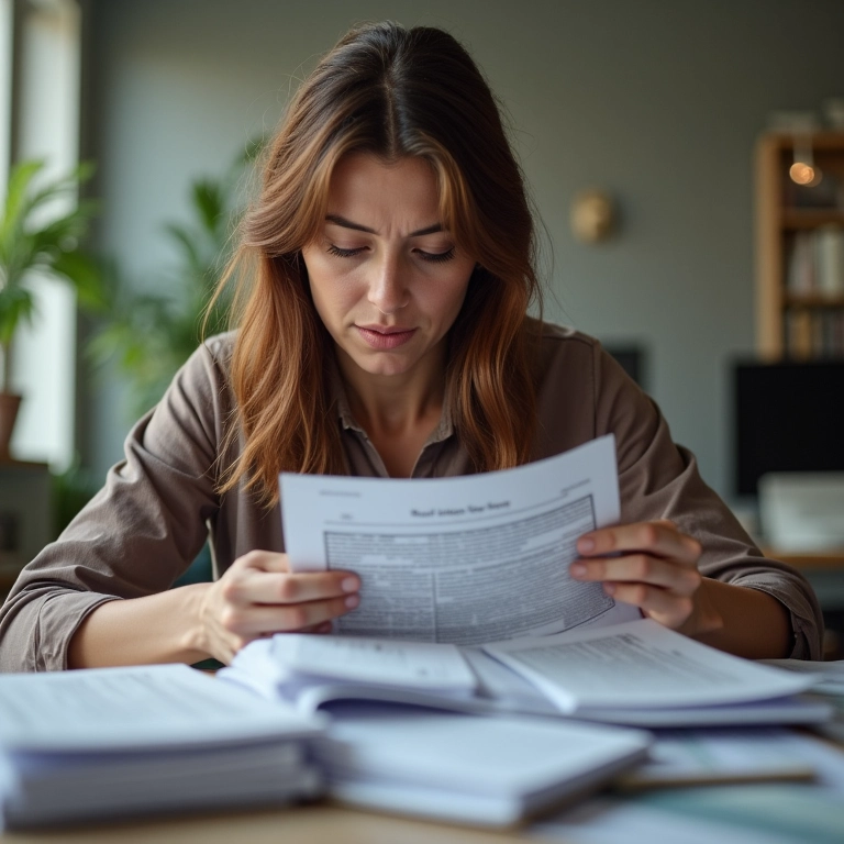 Mulher luta para organizar papéis em mesa bagunçada, simbolizando falta de controle.