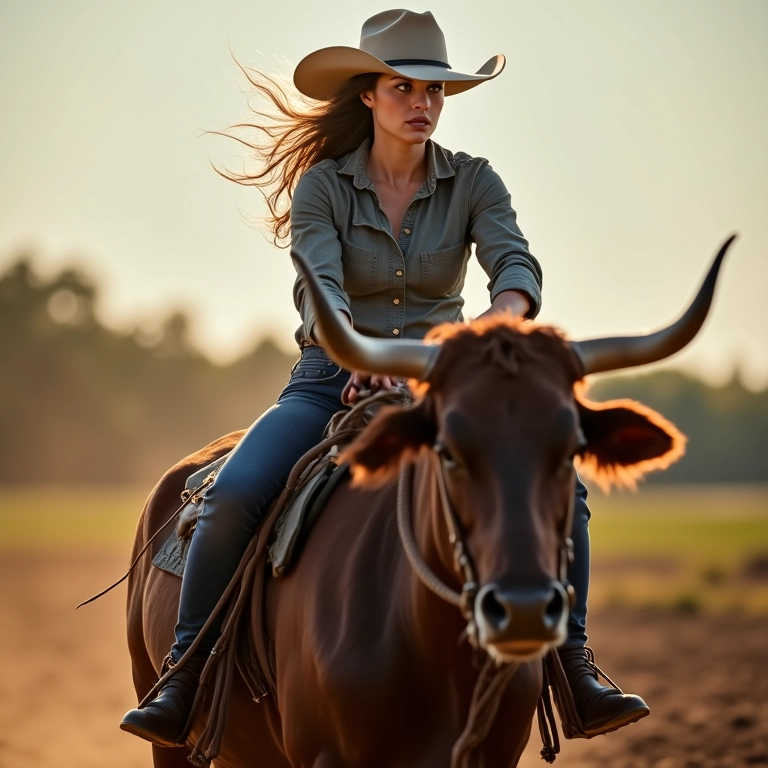 Mulher montando um touro com confiança, representando domínio e controle.