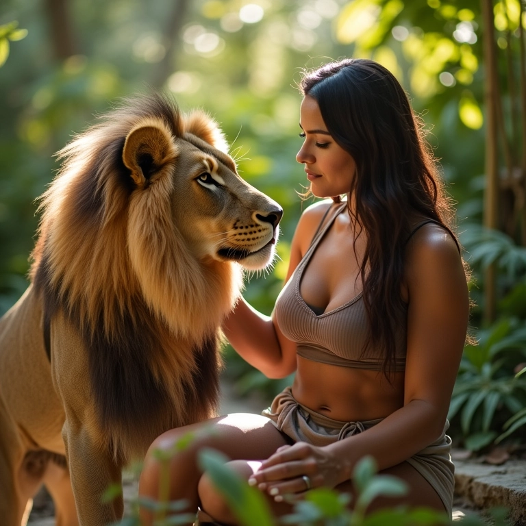 Mulher negra acariciando leão manso, simbolizando autocontrole e força interior.