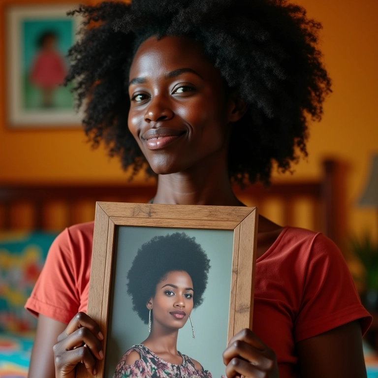 Mulher negra com foto da mãe falecida em quarto vibrante.