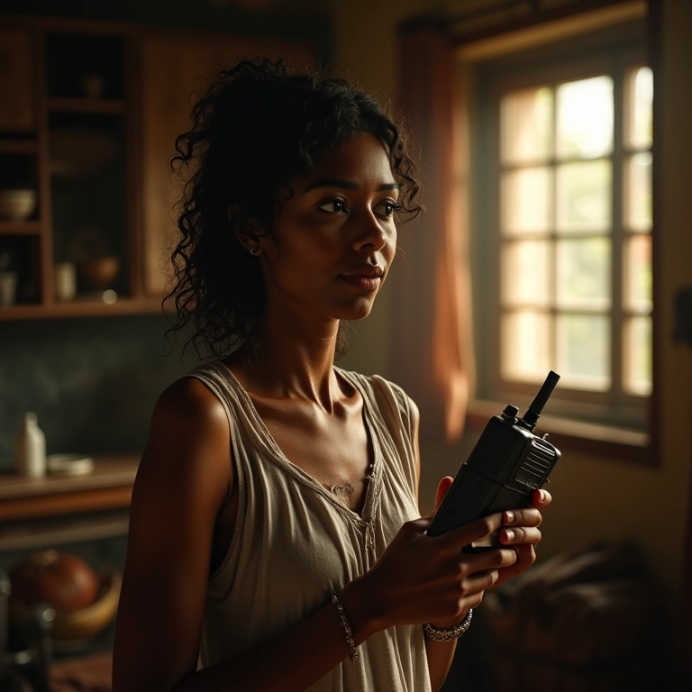Mulher negra de 40 anos segurando walkie-talkie antigo em casa rústica brasileira.