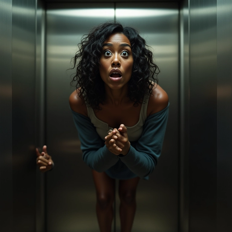 Mulher negra de meia-idade com expressão de medo dentro de um elevador em queda.
