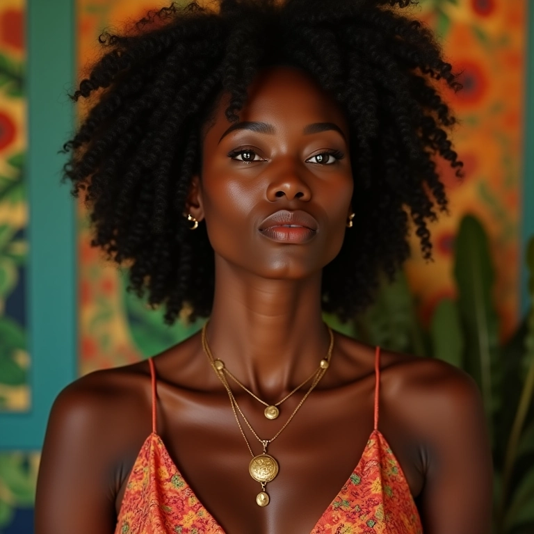 Mulher negra elegante com colar de ouro em ambiente brasileiro vibrante.