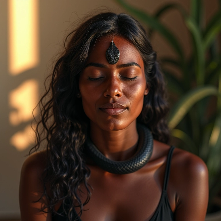 Mulher negra meditando com cobra preta na testa, representando intuição.