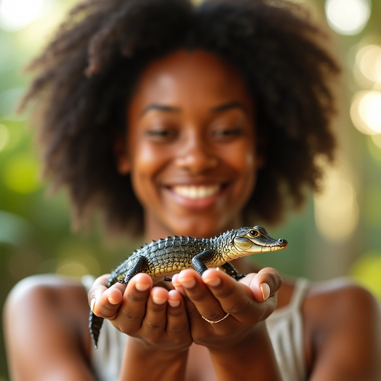 Mulher negra sorrindo com filhote de jacaré na mão.