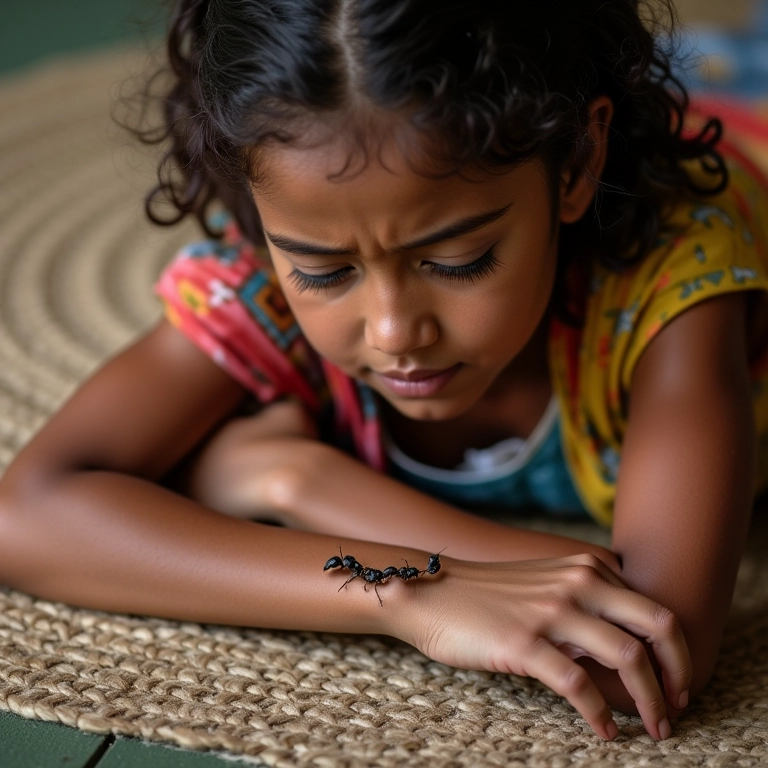 Mulher notando formigas andando em seu braço, sentada em um tapete brasileiro.