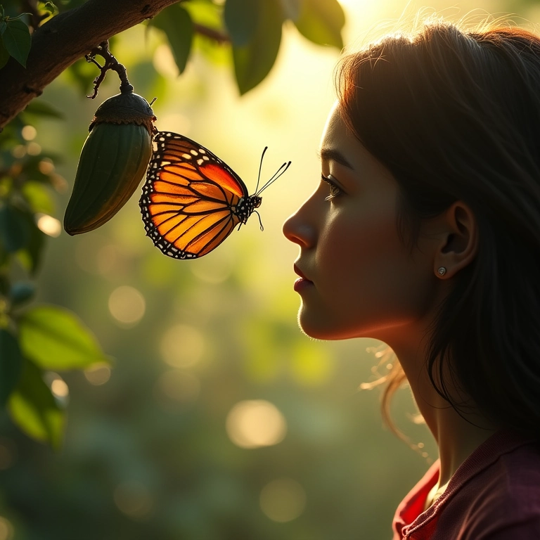 Mulher observa borboleta saindo do casulo, simbolizando transformação.