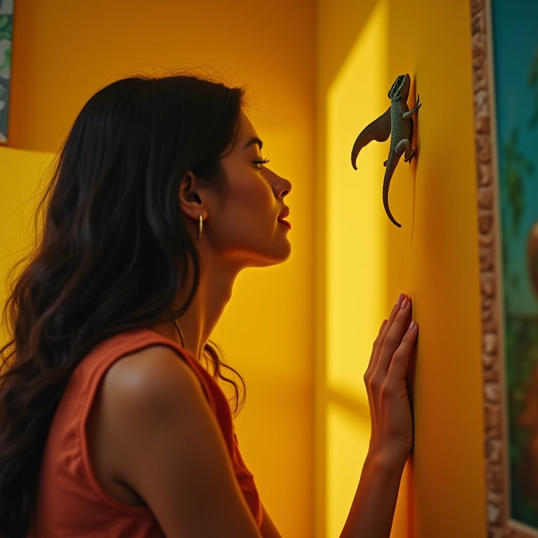 Mulher observa lagartixa na parede, interpretando o significado dos sonhos.