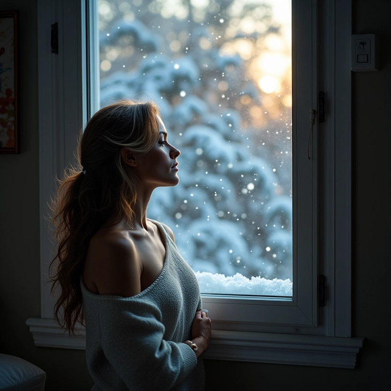 Mulher observando a neve cair da janela de sua casa no Brasil, refletindo sobre o significado dos sonhos.